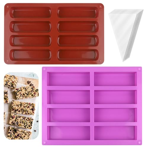 8 Riegel Silikonform Zum Backen, 2 Stück Müsliriegel Backform Rechteckig, Rechteckige Energieriegel Silikon Backform mit 50 Spritzbeuteln für Schokolade Trüffel Ganache Brotbrot Muffin Brownie von DYMHQ