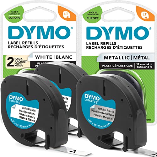 DYMO LetraTag Original Etikettenband Set | schwarz auf weiß (x2) & schwarz auf Metallic-Silber (x1) | 12mm x 4m | selbstklebendes Etikettenkassetten für LetraTag-Etikettiergerät | 3 Stück von DYMO