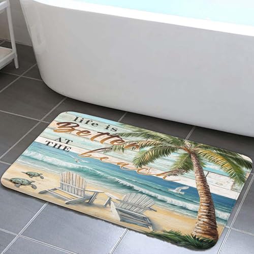 Badteppich, Motiv: Strand-, Meeresschildkröte, Möwe, Palme, Ozean, rutschfest, rustikaler Strand-Badteppich für Badezimmer, langlebig, rustikaler Holzflanellteppich, saugfähige Wassermatten für Badteppich, Motiv: Strand-, Meeresschildkröte, Möwe, Palme, Ozean, rutschfest, rustikaler Strand-Badteppich für Badezimmer, langlebig, rustikaler Holzflanellteppich, saugfähige Wassermatten für von DYNH