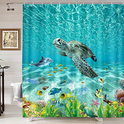 DYNH Meeresschildkröte-Duschvorhang, unter dem Meer, Ozean, Tiere, Duschvorhang, Unterwasser, Schildkröte, Meerestiere, türkis, Badezimmer-Duschvorhang, 12 Haken, 170 x 188 cm von DYNH