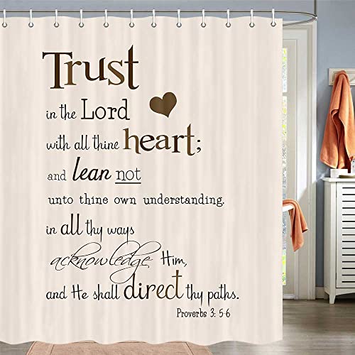 Duschvorhang mit inspirierendem Zitat "Trust in the Lord with All Thine Heart" Bibelvers Scripture Zitate Sprüche Motivierender Badvorhang-Set 182,9 x 182,9 cm Stoff Duschvorhang Set mit Haken von DYNH