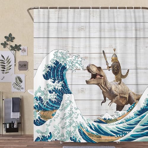 Duschvorhang mit lustigen Tieren, lustige Dinosaurier und Katze in japanischen Kanagawa-Wellen-Art-Duschvorhang-Set, rustikaler Holzbrett-Duschvorhang für Badezimmer mit 12 Teilen, 174 x 178 cm von DYNH