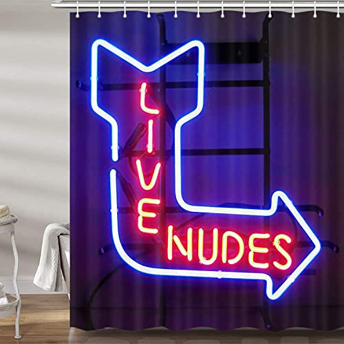 Einzigartiger, lustiger Duschvorhang für Badezimmer, lustige Neonschilder Live Nudes Stoff Duschvorhänge-Set, cooles Design, Badezimmer-Dekoration, Haken im Lieferumfang enthalten, 183x183 cm von DYNH