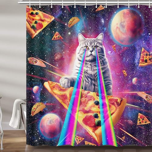 Lustige Katzen-Duschvorhänge für Badezimmer, bunte Galaxie, coole Galaxie, lustiges Stoff-Duschvorhang-Set für Männer, Dekoration, Haken enthalten (175.3 cm Bx182.9 cm H) von DYNH