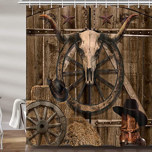 Western Cowboy Duschvorhang, Western Southwest Texas Rustikaler Bauernhaus Scheunentür Stoff Duschvorhänge Set für Badezimmer, Retro Country Toilette Dekor Zubehör mit Haken 183 x 182,9 cm von DYNH