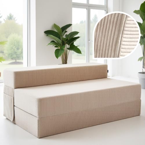 Cord Sofa – Schlafsofa 140 cm breit, faltbare Schlafcouch & Gästematratze für 2, klappbares Sofa Bett – Extra dick 20cm & bequem H3 – Perfekt für Gäste & Alltag – Test SEHR GUT Oeko-TEX Klappmatratze von DYNMC you