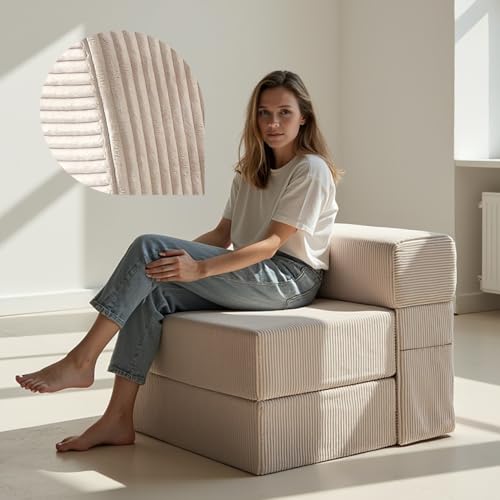 Schlafsessel mit Bettfunktion – Cord Sofa, Schlafsofa 75 cm breit, faltbare Schlafcouch & Gästematratze für 2, klappbares Sofa Bett – Sehr dick 20cm & bequem H3 – Test SEHR GUT Oeko-TEX Klappmatratze von DYNMC you