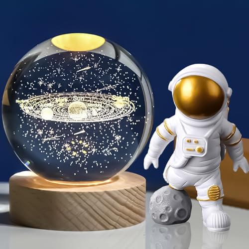 DYOUen 3D Kristallkugel Nachtlicht USB Kreative Nachtszene Sonnensystem Milchstraße Bunten LED Ball Lampe Glaskugel Mit Holzsockel für Jungen Mädchen Dekoration (Solarsystem) von DYOUen