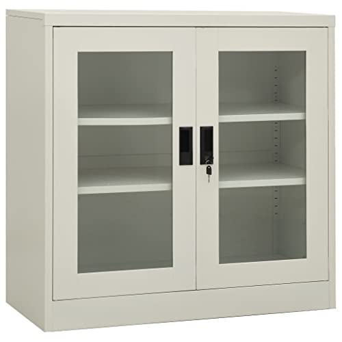 Büroschrank Hellgrau 90x40x90 cm Stahl Aktenschrank mit gehärtetem Glas 2 verstellbare Böden Schloss für Büro Archiv Dokumentenaufbewahrung von DYRJDJWIDHW