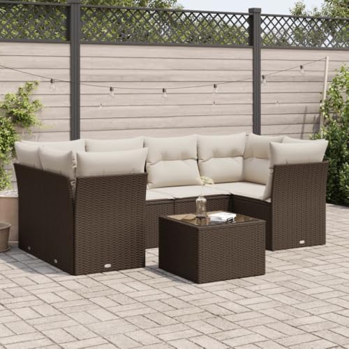 DYRJDJWIDHW 7-TLG. Garten-Essgruppe mit Kissen Beigemischung Poly Rattanbalkonmöbel Balkon Sofa gartenmöbel sitzlounge Outdoor wetterfestGeeignet für Gärten, Terrassen von DYRJDJWIDHW