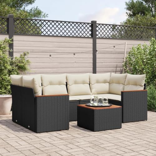 DYRJDJWIDHW 7-TLG. Garten-Essgruppe mit Kissen Schwarz Poly Rattanbalkon Sofa sitzlounge Outdoor wetterfest balkonmöbel gartenmöbel setGeeignet für Gärten, Terrassen von DYRJDJWIDHW