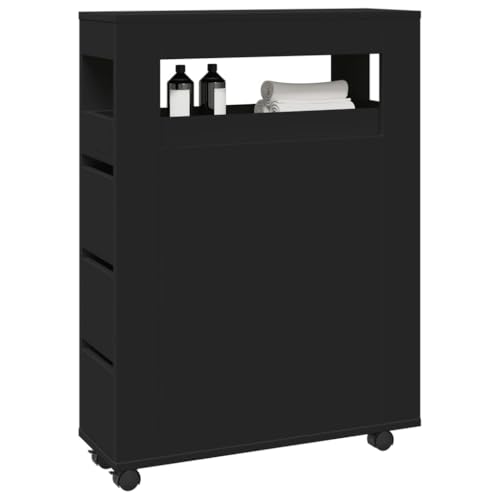 DYRJDJWIDHW Badschrank Schmal mit Rollen Schwarz Holzwerkstoff Badezimmer Aufbewahrung Schubladenschrank Mobiler Schrank mit 4 Lenkrollen für Bad Küche Wohnzimmer von DYRJDJWIDHW