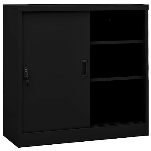 DYRJDJWIDHW Black Steel Office Cabinet with Sliding Door 90x40x90 cm. 2 Adjustable Shelves. Locking Storage for Documents and Files. Heavy Duty 60kg Capacity for Home Office and Business Use von DYRJDJWIDHW