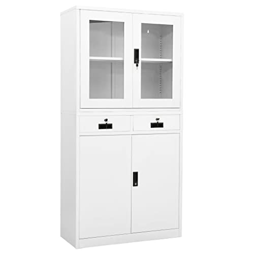 DYRJDJWIDHW Büroschrank Weiß 90x40x180 cm Stahl und Hartglas mit 3 verstellbaren Böden. 2 Schubladen Kugellagerung. Sicherheitsschlösser für Büro Archiv Akten Aufbewahrung Organizer von DYRJDJWIDHW