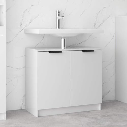 DYRJDJWIDHW High Gloss White Bathroom Cabinet 64.5x33.5x59 cm Wood Material Storage Organizer with 2 Doors and Sink Opening for Modern Bathroom Design von DYRJDJWIDHW