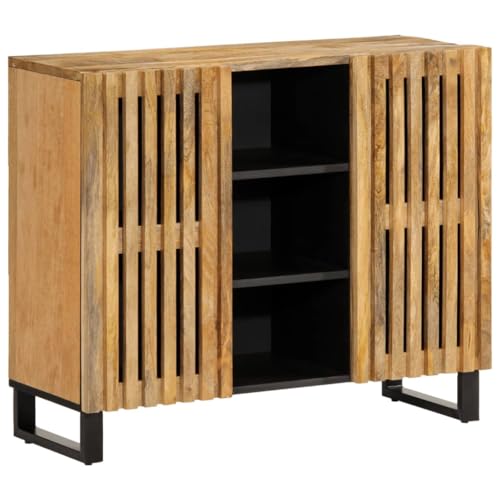 DYRJDJWIDHW Industrial Sideboard 90x34x75 cm Raw Solid Mango Wood Steel Frame Storage Cabinet for Living Room Bedroom Rustic Furniture with 3 Shelves 2 Doors von DYRJDJWIDHW