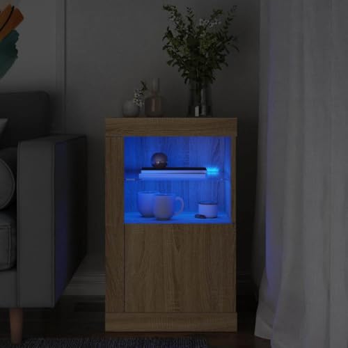 DYRJDJWIDHW LED Nightstand with RGB Lights Modern Side Table Sonoma Oak Wood Living Room Bedroom Storage Cabinet with Glass Shelf USB Charging Station von DYRJDJWIDHW