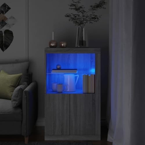 DYRJDJWIDHW LED Side Cabinet with RGB Lights Gray Sonoma Wood Living Room Storage Furniture Modern Design Glass Shelf USB Charging Station for Home Decor von DYRJDJWIDHW