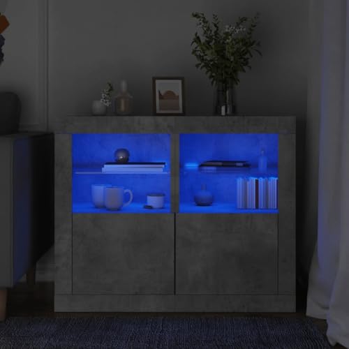 DYRJDJWIDHW Modern LED Nightstand Set of 2 Concrete Gray Side Tables with RGB Lighting. Wood Particle Board Bedside Cabinet with Storage Shelf for Living Room Bedroom von DYRJDJWIDHW