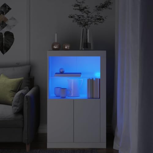 DYRJDJWIDHW Modern White LED Side Cabinet with RGB Lighting. Wood Particle Board Storage Unit for Living Room Bedroom. 60.5x37x100cm with Glass Shelf and Hidden Compartment von DYRJDJWIDHW
