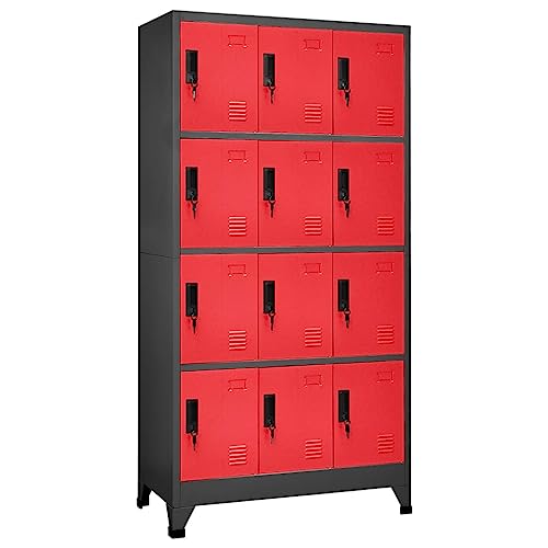 DYRJDJWIDHW Schließfachschrank Anthrazit Rot Stahl 90x45x180 cm Sicherheitsschrank mit 12 abschließbaren Fächern für Schule Büro Umkleideraum Lagerorganisation von DYRJDJWIDHW