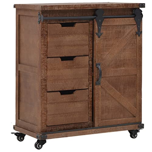 DYRJDJWIDHW Sideboard Massivholz Tanne Braun 64x33.5x75 cm Vintage Storage Cabinet with Wheels Solid Wood Rolling Chest 3 Drawers 2 Compartments for Living Room Bedroom von DYRJDJWIDHW