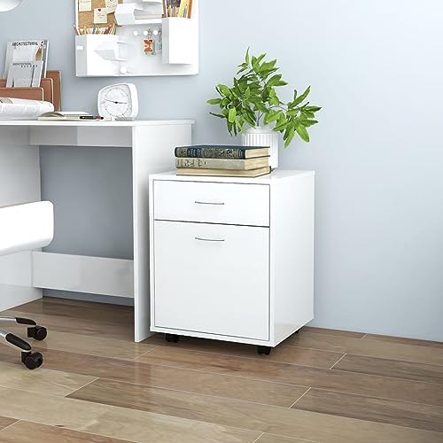 Rollschrank Hochglanz-Weiß 45x38x54 cm Holzwerkstoff mit Rollen und Bremse. Mobiler Aktenschrank mit Schublade für Büro und Wohnzimmer. Moderner Aufbewahrungsschrank von DYRJDJWIDHW