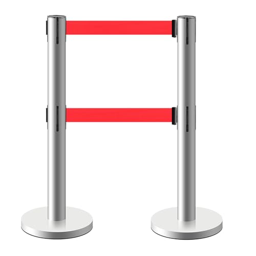 2er-Pack Absperrpfosten mit Einziehbaren Gurten, Personenleitsystem, Doppelschichtige Teleskopbarriere, Edelstahlpfosten mit 2 M/3 M/5 M Rotem Einziehbarem Gurt(Silver,5m/16.4ft) von DYUNCZ