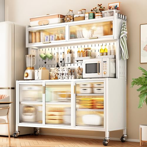 DYUNCZ 5-stöckiges Bäckerregal mit Türen | Küchenregal Stehend | Mikrowellenständer mit Stecktafel-Zubehör | Küchenregal mit Rollen und Verstellbaren Fußpolstern (Color : W-143CM/56.2") von DYUNCZ