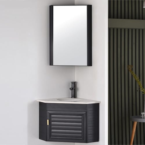 DYUNCZ Eckwaschtisch mit Unterschrank, Waschtischunterschrank Hängend, Eck Badezimmerschrank mit Waschbecken nd Spiegelschrank, Waschbecken mit Wasserhahn und Abfluss(Negro,47cm/18in) von DYUNCZ
