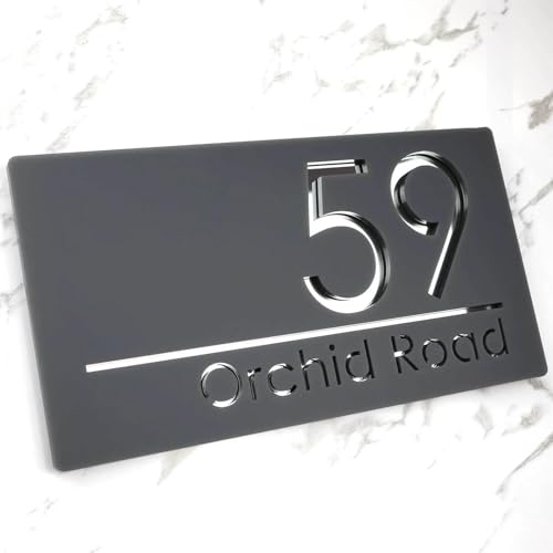 Black Gold Personalized Laser Cut Custom Acrylic Modern 3D Floating House Number Sign Outdoor Street Family Name Plates Matte(Grey Silver) von DYYEUAVT