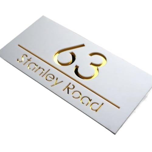 Custom Laser Cut Sign House Number Outdoor Personalized Street Home Plaque Modern Acrylic Matte 3D(White (Gold Text),15x28cm (5.9x11in)) von DYYEUAVT