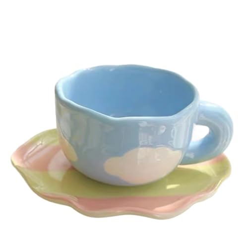DYYEUAVT 180 ml süße handgeknetete Keramikkaffeetasse und Untertasse kreative handbemalte Nachmittagsteetasse mit Untertasse Duftende Teetasse for Mädchen(Cloud) von DYYEUAVT
