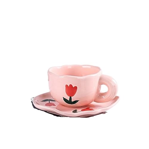 DYYEUAVT 180 ml süße handgeknetete Keramikkaffeetasse und Untertasse kreative handbemalte Nachmittagsteetasse mit Untertasse Duftende Teetasse for Mädchen(Tulip) von DYYEUAVT