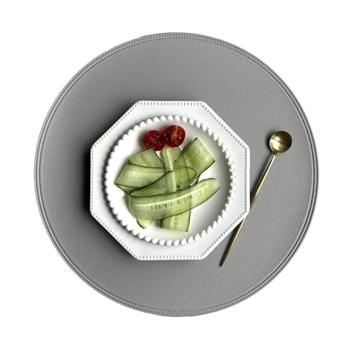 DYYEUAVT 2 stücke Kunstleder Tischset Untersetzer Pads Runde Platte Matte Rand Drücken Tisch Tischsets for Küche Esszimmer Dekoration(Grey) von DYYEUAVT