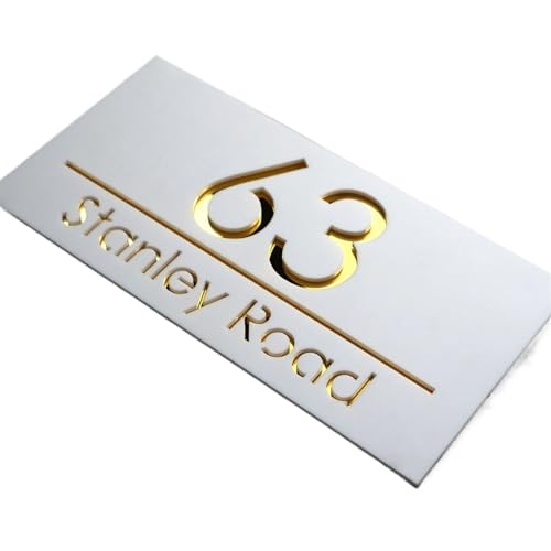 Personalised House Number Acrylic Sign Custom Street Name Address Outdoor Exterior Laser Cut Plate(White (Gold Text),20x40cm (7.9x15.8in)) von DYYEUAVT