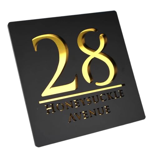 Personalized Custom Acrylic Modern House Numbers Sign Door Address Street 3D Letter Number Plaques Outdoor Name Home Decor Plate(Black Gold,18X18CM) von DYYEUAVT