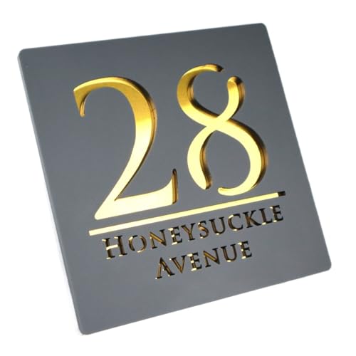 Personalized Custom Acrylic Modern House Numbers Sign Door Address Street 3D Letter Number Plaques Outdoor Name Home Decor Plate(Grey Gold,20X20CM) von DYYEUAVT