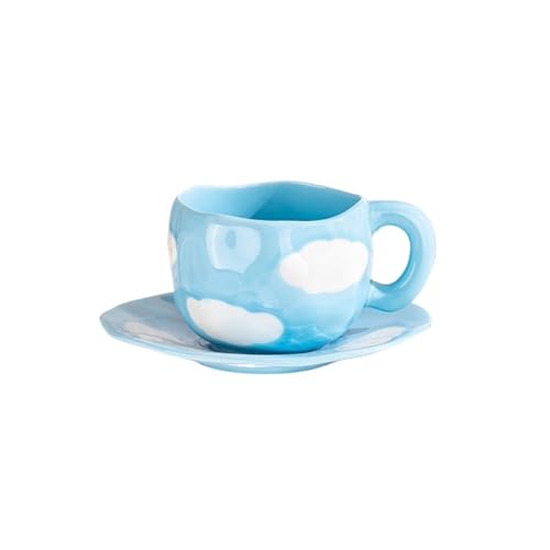 Tassen & Untertassen Set Kreative Keramiktasse Handbemalte Blumenwolken Kaffeetasse mit Untertasse Unregelmäßige handgemachte Tasse Frühstücksmilch Teetassen FüR Kaffee, Tee, Cappucino(Clouds) von DYYEUAVT