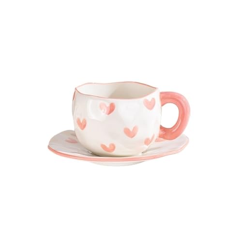 Tassen & Untertassen Set Kreative Keramiktasse Handbemalte Blumenwolken Kaffeetasse mit Untertasse Unregelmäßige handgemachte Tasse Frühstücksmilch Teetassen FüR Kaffee, Tee, Cappucino(Pink heart) von DYYEUAVT