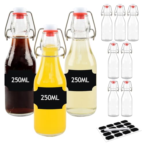 DZAEMOSIIE 10 Stück Glasflaschen 250ml mit Bügelverschluss, Bügelflaschen Zum Befüllen, Kleine Flaschen Zum Befüllen, Glasflaschen für Öl, Essig, Saft, Limonade, Eierlikör, Sirup von DZAEMOSIIE