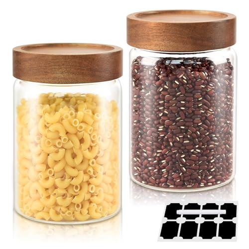 DZAEMOSIIE 1000ml Vorratsgläser mit Deckel 2er-Set, Vorratsdosen Glas Behälter Set aus Borosilikatglas, Glas mit Holzdeckel Stapelbar und Luftdicht, Kaffeedose Luftdicht Kaffeebohnen Behälter von DZAEMOSIIE