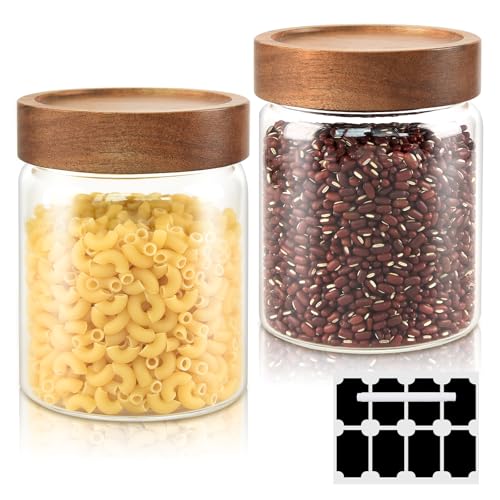 DZAEMOSIIE 800ml Vorratsgläser mit Deckel 2er-Set, Vorratsdosen Glas-Behälter Set aus Borosilikatglas, Glas mit Holzdeckel Stapelbar und Luftdicht von DZAEMOSIIE