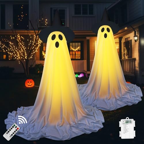 2 Stück Halloween Deko Outdoor Geister Leuchtender mit Fernbedienung Geister Figuren Leuchtende Batteriebetriebene,Halloween Lichterketten Stehende Geist für Terrasse Rasen Garten Party von DZAY