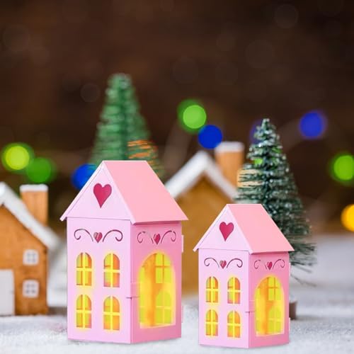 2 Stück Lichthaus Weiss Teelichthalter Metall Windlicht Weihnachtsdeko Häuser,Weihnachtshaus Weiß Kerzenständer Laterne mit LED Kerzen Dekorative Teelichthaus für Home Tischdekoration (Rosa) von DZAY