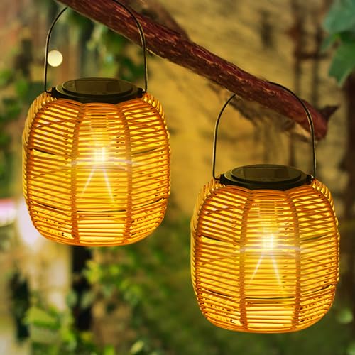 2 Stück Solar Lampion Outdoor Solar Laterne Wasserdichte Solarlaterne,Vintage Boho Rattan Hängelampe Gartenleuchten Draußen,Außen Laternen Lampions Wetterfest für Balkon Solarlampen Garten Deko von DZAY