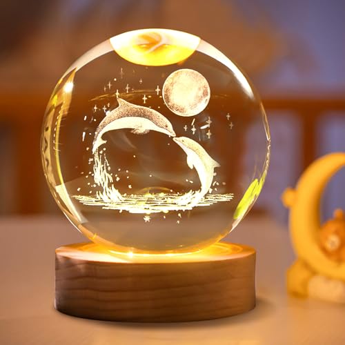3D Kristallkugel Nachtlicht Schlummerleuchten,Nachttischlampe Glaskugel Blume im Glas Ornamente Nachtlichter mit LED Lampensockel USB,Valentinstag Geschenke für frauen Haus Büro Deko (Delphin) von DZAY