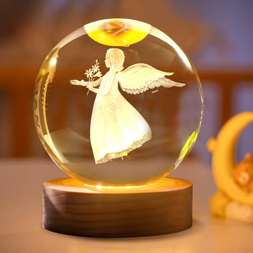 3D Kristallkugel Nachtlicht Schlummerleuchten,Nachttischlampe Glaskugel Blume im Glas Ornamente Nachtlichter mit LED Lampensockel USB,Valentinstag Geschenke für frauen Haus Büro Deko (Engel) von DZAY