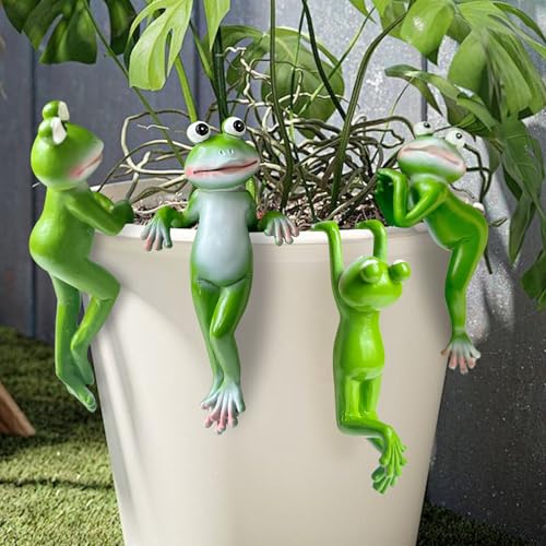 4 Stück Blumentopf Hänger Frösche Deko,Garten Frosch Figuren Wetterfest Harz Gartenfigur Blumentopfhänger Gartendeko Statue,Tiere Ornament Gartenfigur für Außen Balkon Garten Frosch Topfdekorationen von DZAY