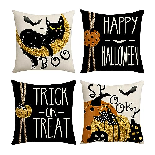 4 Stück Herbst Halloween Kissenbezug, Leinen Kissenbezug, Quadratisch Sofakissen Dekokissen Bezug, Kürbis Kissen Kissenbezüge, Druck Deko Kissenbezüge für Halloween Sofa, Bett, Zuhause Dekorationen von DZAY